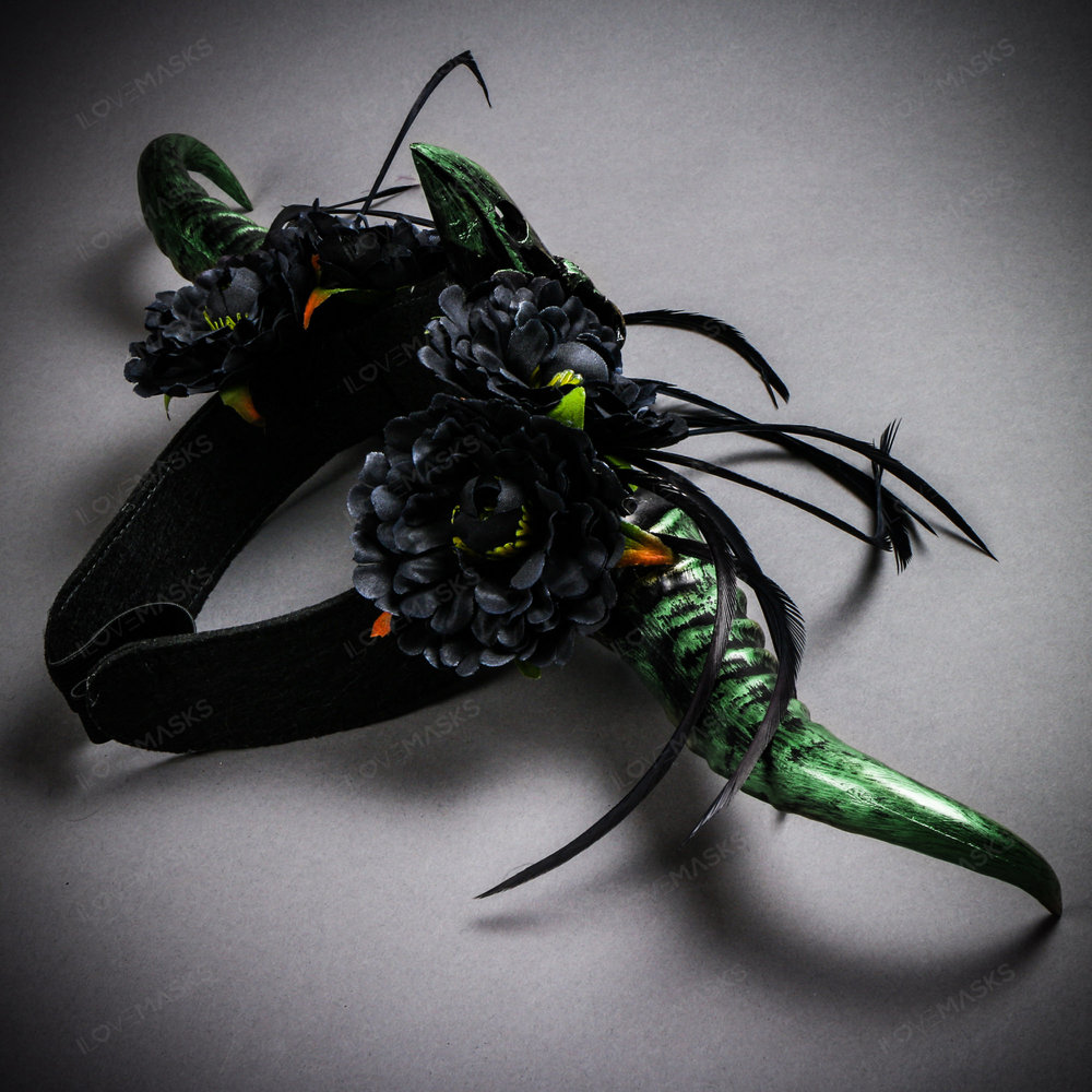 Gothic Demon Long Horn with Flower Head Piece - Black Green - Picture 3 of 6